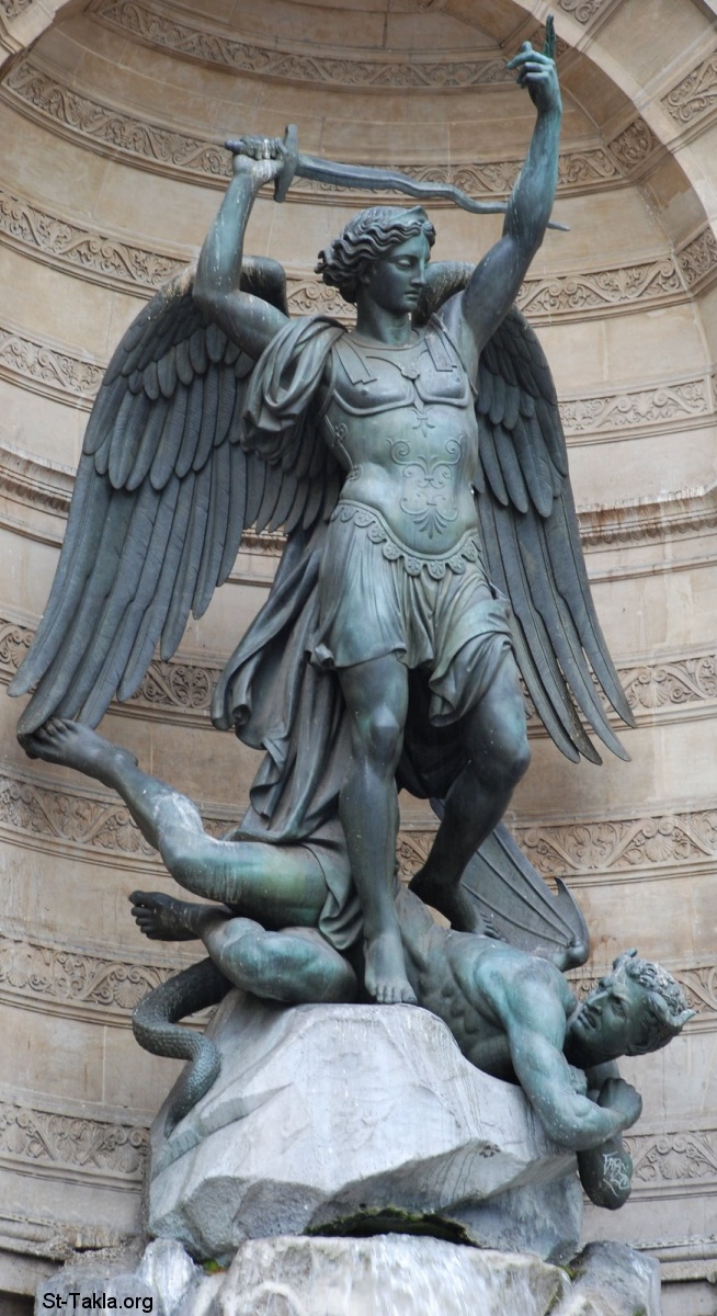 St-Takla.org         Image: Statue of Archangel Michael battling Satan, France :      