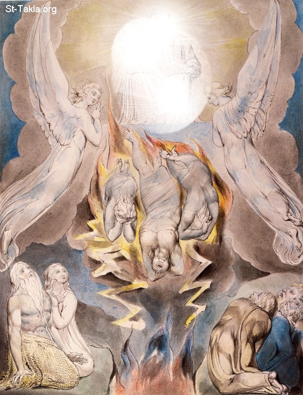 St-Takla.org         Image: William Blake - Illustrations to the Book of Job, object 16 (Butlin 550.16) "The Fall of Satan" صورة: من الصور الإيضاحية في سفر أيوب - من رسم الفنان ويليام بليك - سقوط الشيطان بعد تجربة أيوب
