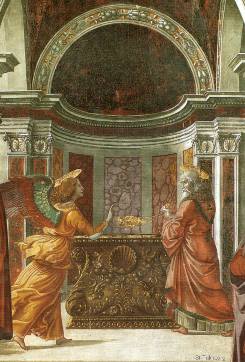 St-Takla.org Image: Annunciation of the Angel to Zechariah painting by Domenico Ghirlandaio (1449 - 11 January 1494), date: (1490, fresco in the Tornabuoni Chapel, Florence) - Cappella tornabuoni frescoes in Florence. Annuncio dell'angelo a San Zaccaria - details.     :    ǡ     (1449 - 11  1494) -   (1490)        - .