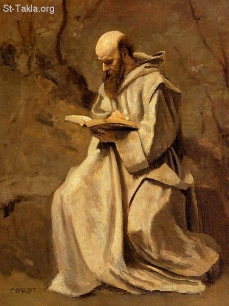 St-Takla.org Image: Monk in White, Seated, Reading, painting by Jean-Baptiste-Camille Corot 1796-1875     :       1796-1875       
