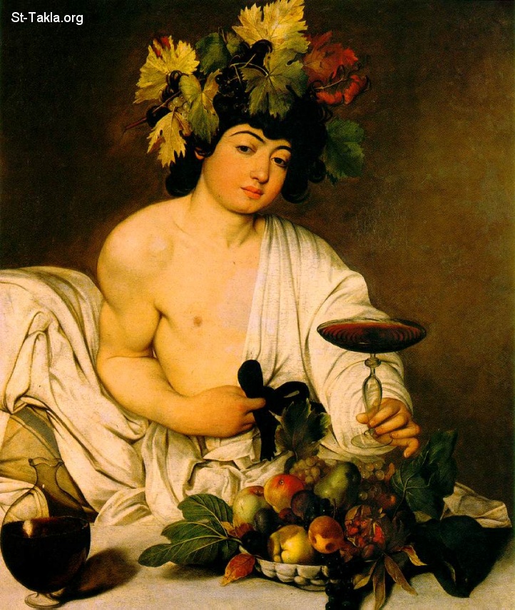 St-Takla.org         Image: Bacchus (Dionysus or Dionysos), the ancient Greek god of the grape harvest, winemaking and wine, of ritual madness and ecstasy, was also the driving force behind Greek theater, painting by Michelangelo Merisi da Caravaggio, 1595, Uffizi Gallery, Florence :   (  )        С   ɡ       ..           1595     