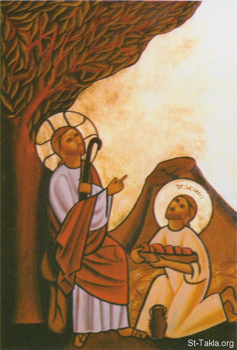 St-Takla.org Image: Gideon presenting meat and unleavened bread to the apparition of God to Him, modern Coptic icon, painted by the nuns of Saint Demiana Monastery, Egypt     :                   
