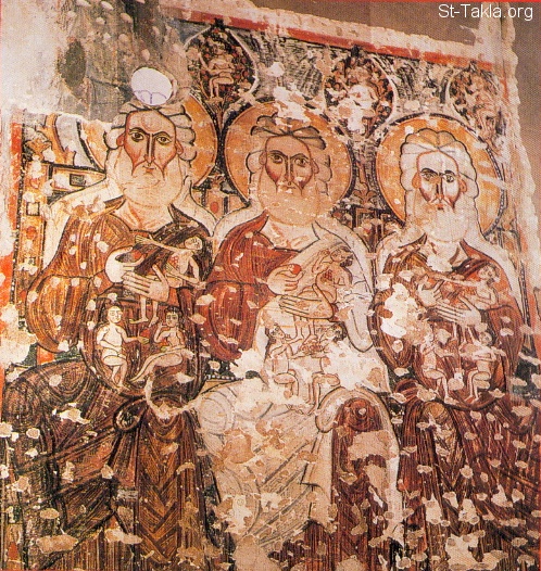 St-Takla.org Image: The Old Testament Patriarchs (Abraham, Isaac, and Jacob) - Fresco at the southern side of St. Mary Church, The Syrian's Coptic Monastery, Wady El Natroun, Egypt, dated approx. 11th century - Coptic icon from the icons that represents figures and events of the Old Testament     :     :    -               ѡ      -         