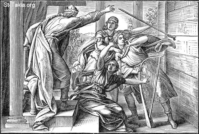 St-Takla.org Image: Saul Tries to Kill David - King Saul casting his javelin at David (I Samuel 19:9-10)     :      -       (  19: 9-10)