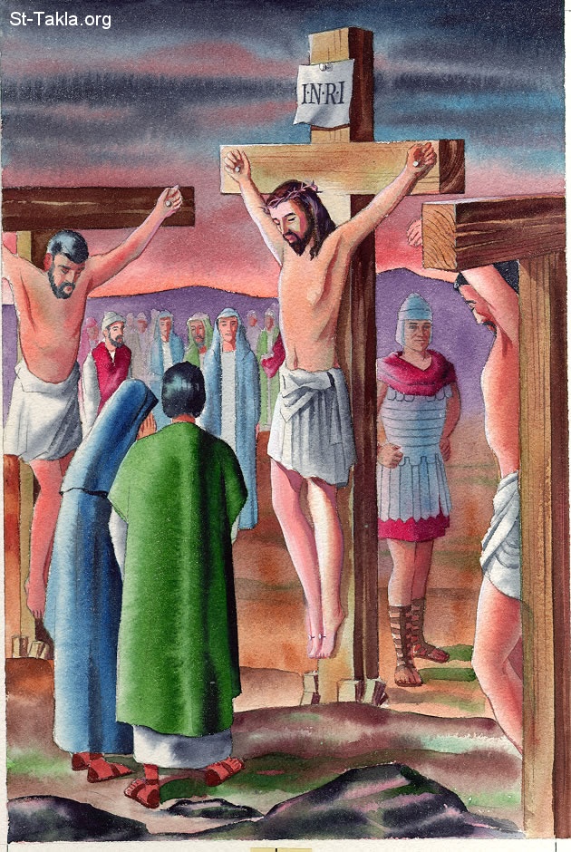 St-Takla.org Image: Jesus crucified on Golgotha. Virgin Mary standing crying and with John the Baptist 