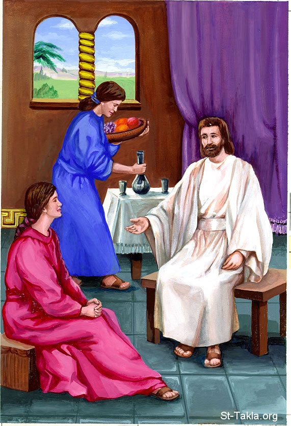 St-Takla.org Image: The Lord Jesus in the house of Mary and Martha صورة في موقع الأنبا تكلا: الرب يسوع في بيت مريم ومرثا