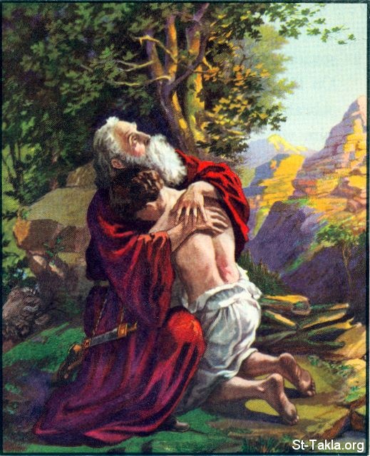 St-Takla.org Image: Abraham receives his only son, Isaac, back from God (Genesis 22:11-12)     :        ( 22: 11-12)