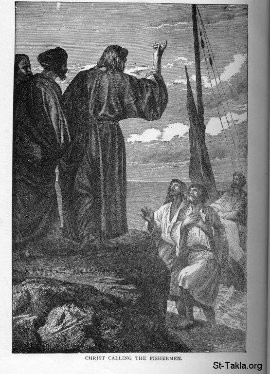 St-Takla.org Image: The calling of the fishermen: Jesus Christ calling the disciples (image 000000000): "Come follow me, Jesus said, and I will make you fishers of men (Mark 1:17; Matthew 4:19) - from "The Life of Christ" book, by Canon Farrar, 1894.     :  :     ( 2): "    " ( 1: 17  4: 19) -   " "  ѡ 1894 .