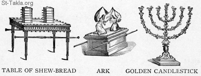 St-Takla.org Image: Furnishings in the Tabernacle: Table of show-bread (Showbread), ark, golden candlestick (Lampstand) - from "The Story of the Bible". book by Charles Foster, Drawings by F.B. Schell and others, 1873     :    :    -   -   -   " "   ѡ  . .  