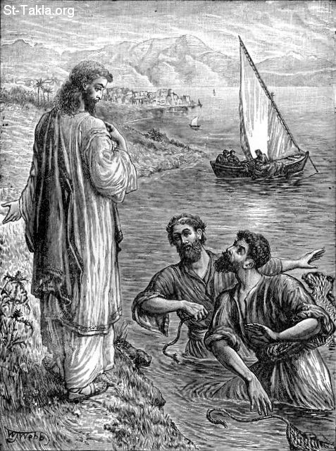 St-Takla.org Image: Come and I Will Make You Fishers of Men (Mat. 4: 19) - the Calling of the disciples Simon called Peter, and Andrew his brother the apostle - from "Treasures of the Bible" book, by Henry Davenport Northrop, D.D., 1894.     :      ( 4: 19) -         -   " "    ȡ . . 1894.
