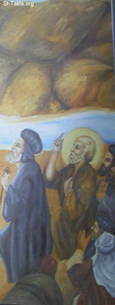 St-Takla.org Image: Saint Abram Ibn Zaraa the Coptic Pope #62 with St. Samaan El Kharraz (St, Simon the Tanner), details from a contemporary Coptic icon of the miracle of moving the Mokattam Mountain, Egypt     :         62      -            