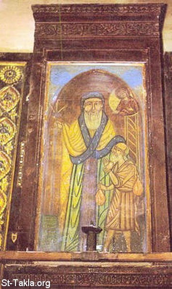 St-Takla.org Image: Saint Abram Ibn Zaraa the Coptic Pope #62 with St. Samaan El Kharraz (St, Simon the Tanner), details from a Coptic icon of the miracle of moving the Mokattam Mountain, Egypt     :         62      -           