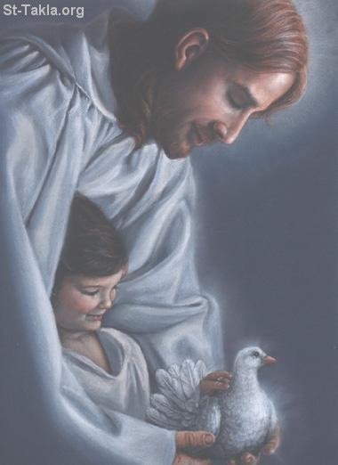 St-Takla.org Image: Jesus Christ with a small kid holding a pigeon     :       