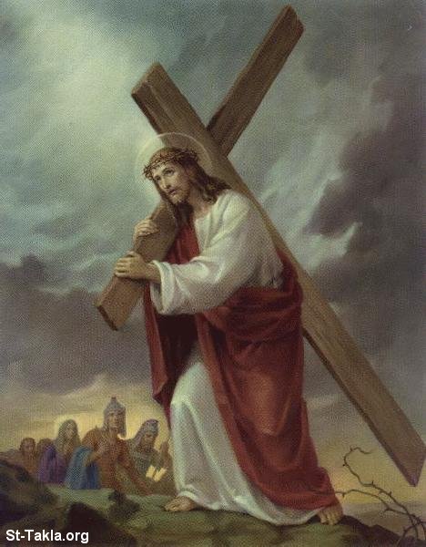 St-Takla.org Image: Jesus Christ on the road of pain carrying the Holy Cross     :          
