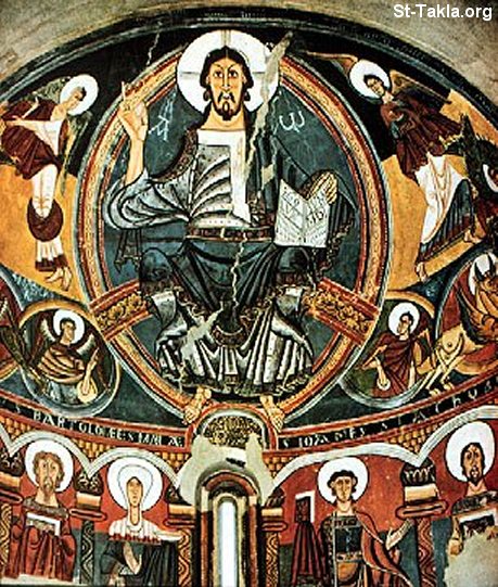 St-Takla.org Image: Ancient fresco of Jesus with Angels and Saints     :      