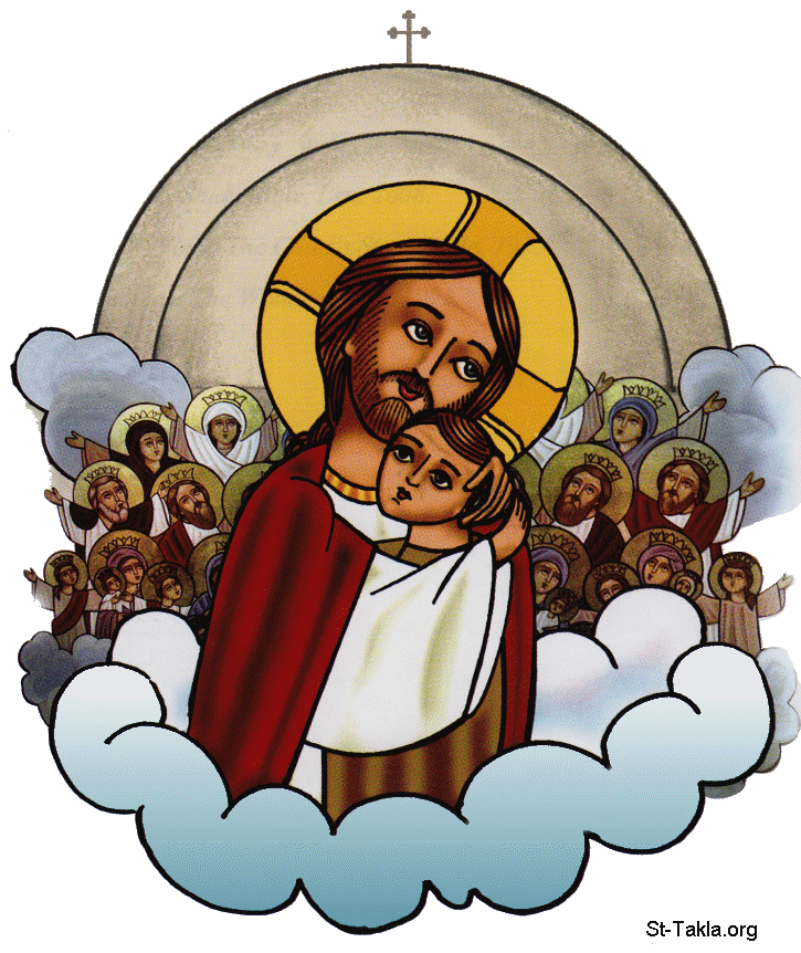 St-Takla.org         Image: Jesus in heaven with Saints, by T. Sawsan, modern Coptic art :       -      