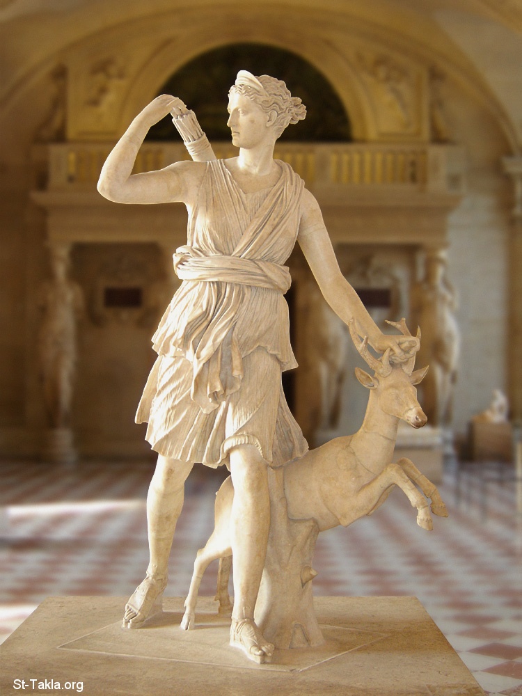 St-Takla.org Image: Artemis with a hind, better known as "Diana of Versailles" - Goddess of the Hunt, Forests and Hills, the Moon. Marble, Roman artwork, Imperial Era (1st-2nd centuries CE). Found in Italy, Louvre Museum     :     (    )     -      -             -    