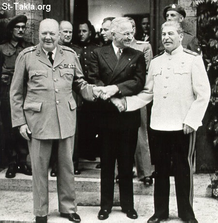 St-Takla.org Image: Churchill Truman Stalin shake on the New World Order at Potsdam - July 1945     :               1945
