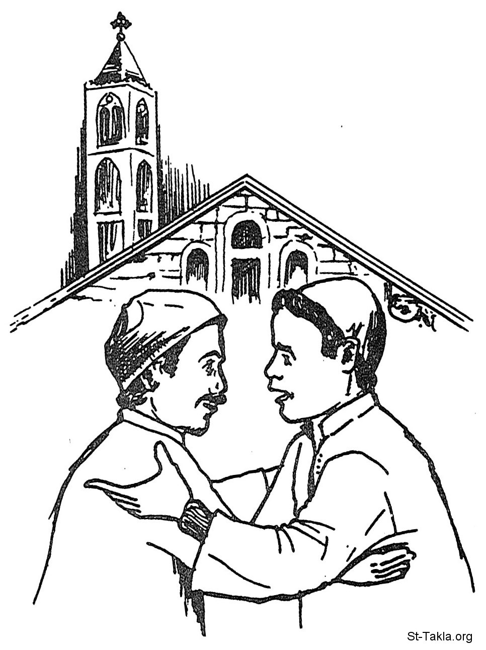 St-Takla.org Image: Two men hugging, friendship, in front of a Church - by Amgad Wadea     :    ɡ  -  .  