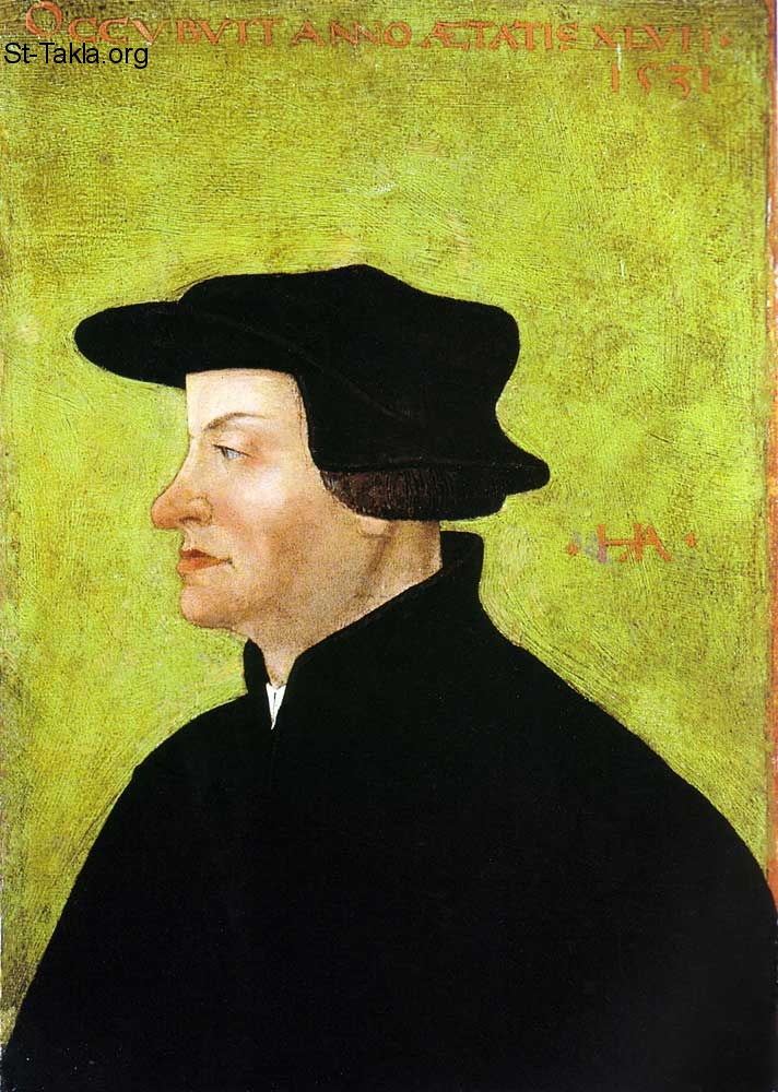 St-Takla.org Image: Portrait of Ulrich Zwingli (Huldrych Zwingli) after his death 1531, by Hans Asper, at the Winterthur Museum of Art, oil on parchment, 35 x 24.5 cm     :       1531    ѡ          3524,5 