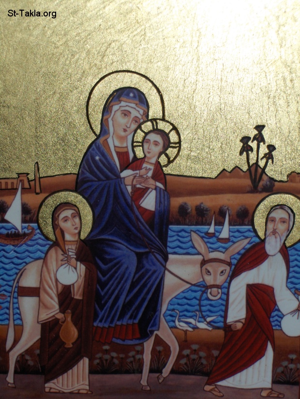 St-Takla.org Image: The Holy Family Flight to Egypt, modern Coptic art صورة في موقع الأنبا تكلا: أيقونة قبطية حديثة، العائلة المقدسة في أرض مصر