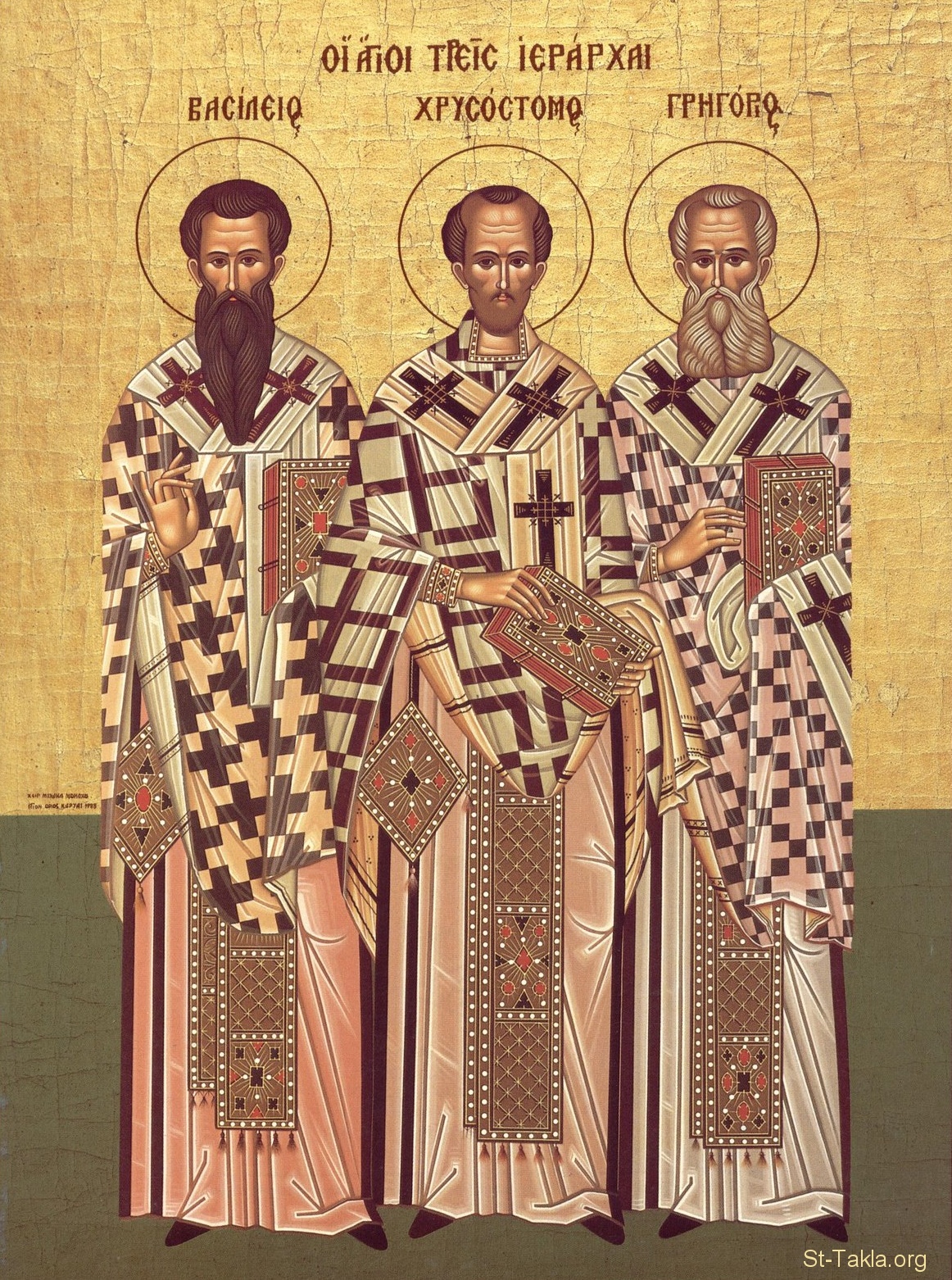 St-Takla.org Image: Icon of the Three Holy Hierarchs - Sts. Basil the Great, John Chrysostom and Gregory the Theologian (left to right)     :    : (   )    -     -   