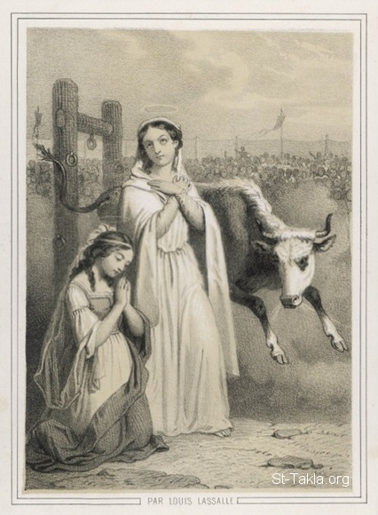 St-Takla.org Image: The wild cow attacks Saint Perpetua, and Saint Felicity kneels beside Her, by Louis Lassalle     :          ӡ    