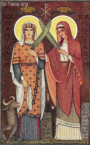 St-Takla.org Image: Saint Perpetua (left) wearing rich gown, and beside Her the wild cow. And at Her right St. Felicity     :             