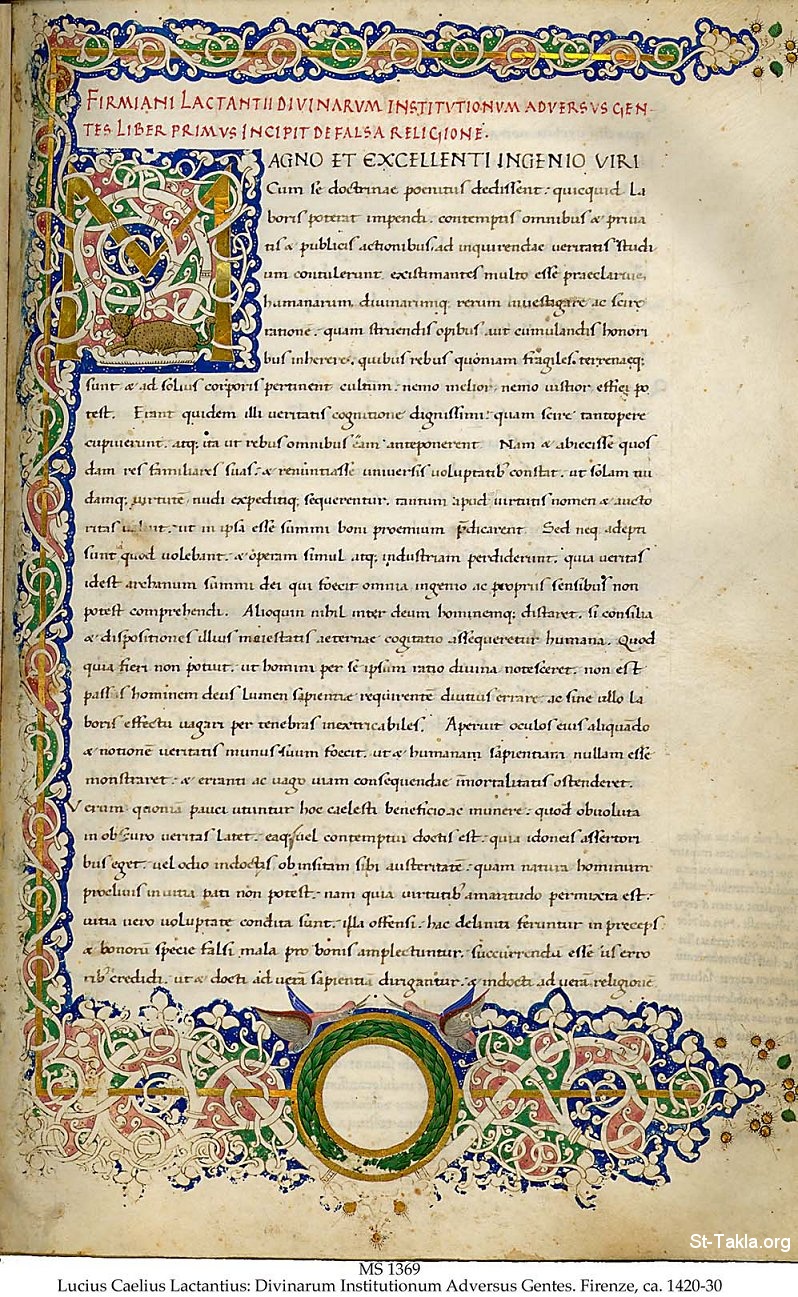 St-Takla.org Image: Beginning of the first book of Lactantius Divinae institutiones (Divine Institutions) in a Renaissance manuscript written in Florence ca. 14201430 by Guglielmino Tanaglia, possibly Niccolo Niccoli and a third, unknown scribe. Page size 32  23 cm     :       " "       ǡ 1420-1430   ǡ         () -   3223 