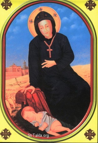 St-Takla.org Image: St. Maren who disguised as a monk with the child she raised up     :          
