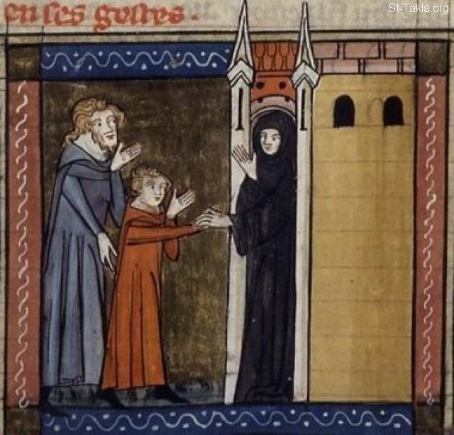 St-Takla.org Image: Saint Marina the Monk presented to the monastery (Sainte Marine prsente au monastre). Marina (in red) being brought to a monastery by her father Eugenius. 14th century French manuscript (Cote : Franais 241 , Fol. 139v).     :       -   (  )     -       ѡ   139 .