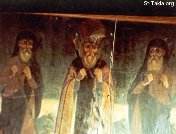 St-Takla.org Image: The three Macarius Saints right to left: St. Makarios of Alexandria St. Makarious the Bishop and Saint Macarious the Great - modern Coptic art icon     :   :      ݡ     -   