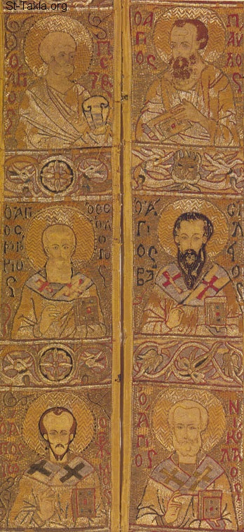 St-Takla.org Image: Stole the Hierarchs- Peter - Paul - Gregory - Basil - John Chrysostom - Nicholas, 15th c., Patmos     :        -  -  -  -    - ӡ    ѡ 