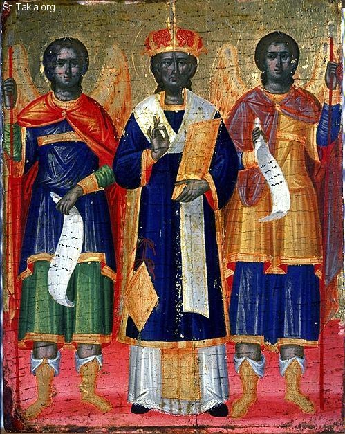 St-Takla.org Image: Saint John Chrysostom between Archangels Michael and Gabriel, Greco-Byzantine .XVI c. (16th century)     :                     