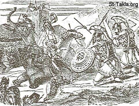 St-Takla.org           Image: Use of elephants in battles, maybe showing the elephant that Alizar Machabues killed (1 Mac. 6:43-46) :    ߡ         (1  6: 43-46)