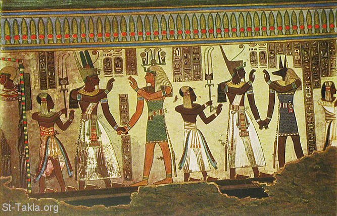 St-Takla.org Image: Ancient Egyptian fresco tomb wall painting with some Egyptian Gods     :          
