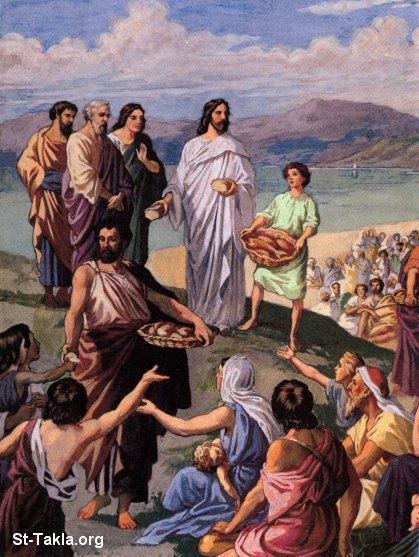 St-Takla.org         Image: The Miracle of Jesus feeding the multitude, showing the blessed lad who had five loaves and two small fish (John 9: 6) :              ( 6:9)