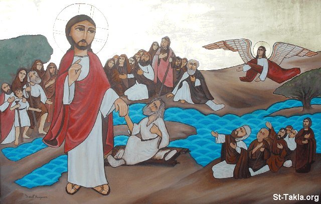 St-Takla.org Image: Modern Coptic art - Jesus Christ healing the paralytic man - Mark 2 صورة في موقع الأنبا تكلا: معجزة شفاء يسوع لمفلوج كفرناحوم - مرقس 2 - من الفن القبطي الحديث