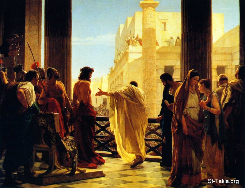 St-Takla.org Image: Trial of Jesus, Pilate presenting Jesus صورة في موقع الأنبا تكلا: محاكمة يسوع، بيلاطس يقدم يسوع