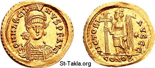 St-Takla.org Image: Flavius Marcianus - Marcian. 450-457 AD. AV Solidus (4.34 gm 6h). Constantinople mint. Struck 450 AD     :    ӡ   450-457 ɡ ɡ    450 
