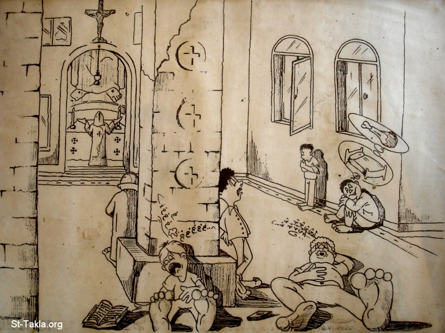 St-Takla.org           Image: A caricature showing some youth tired, sleeping or thinking of other things during the time of prayer, a sketch from Al Baramos Monastery Retreat House, El Natroun Valley, Egypt :                 -          