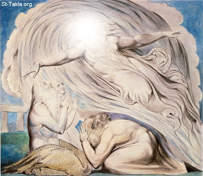 St-Takla.org         Image: William Blake - Illustrations to the Book of Job, object 13 (Butlin 550.13) "The Lord Answering Job out of the Whirlwind"- Job 38 :       -      -      -  38