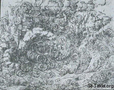 St-Takla.org Image: Sketch by Leonardo Davinci (1452-1519) showing the movement of water from the earch during the deluge - but this artwork never became final     :       (1452-1519)         -        
