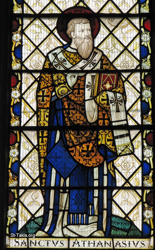 St-Takla.org         Image: Pope Athanasius I of Egypt, stained glass window صورة: القديس أثناسيوس الرسولي البابا العشرون، نافذة زجاج معشق