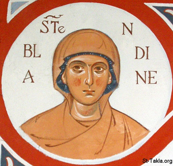 St-Takla.org Image: Icon of St. Blandina of Lyons, early martyr with Martyrs: Maturus, Sanctus, Pontius     :    ()         ӡ ӡ 