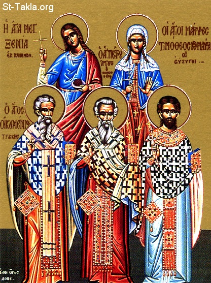 St-Takla.org Image: The Saints Peter of Argos, the holy Xenia, Timothy and Maura of Antino and Ekumenios the Trikala icon     :     ӡ ǡ           