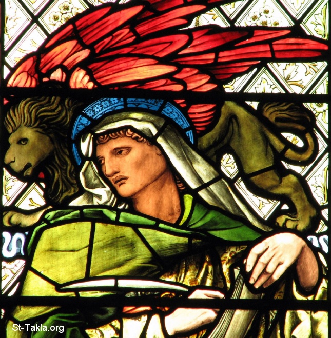 St-Takla.org         Image: Saint Makos the Evangelist with the Lion, stained glass window, designed by Burne Jones, made by Morris and Company, chapel of Manchester College, Oxford, England :         ӡ        ѡ ϡ 