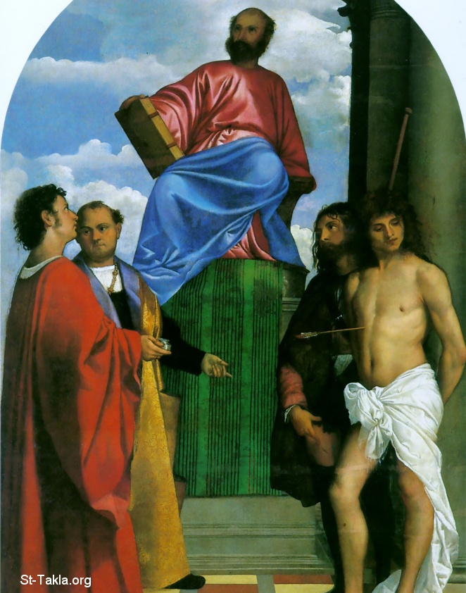St-Takla.org         Image: Titian. St. Mark Enthroned with Saints. c.1510. Oil on canvas. Santa Maria della Salure, Venice, Italy :             1510   ԡ     ǡ 