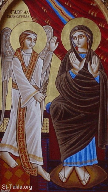 St-Takla.org Image: Modern Coptic art: icon of Annunciation to Virgin Mary by Archangel Gabriel     :               