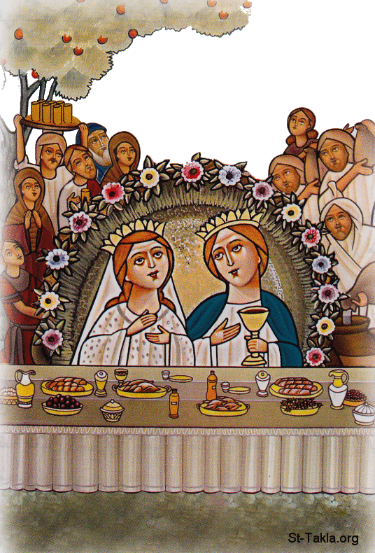 St-Takla.org Image: Marriage of Isaac and Rebecca (Ishak and Refka), Coptic art by Sis. Sawsan صورة في موقع الأنبا تكلا: زواج اسحق و رفقة، فن قبطي حديث عمل تاسوني سوسن